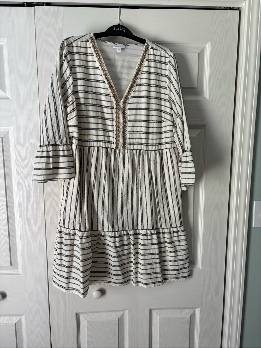 J. Jill Ivory and Black Striped V-Neck Tiered Mini Dress